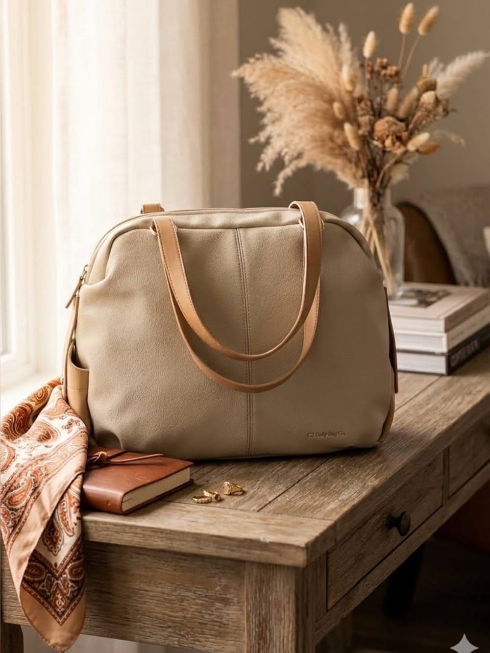 Beige Cream Multi-Pocket Utility Shoulder Bag Two Tone Hobo